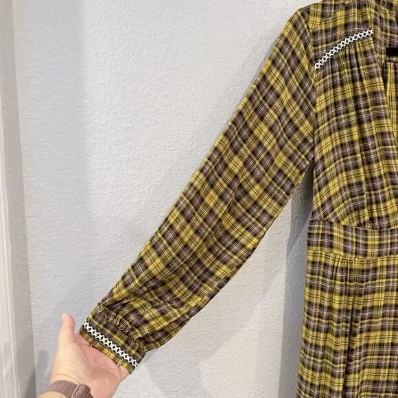 Anthropologie Dalton Wrap Maxi Dress Plaid Mustard Yellow Academia Fall Medium - Picture 7 of 16
